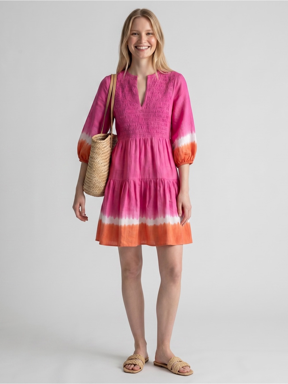 SACHIN & Babi Coco Dip Dye Mini Dress in Pink Orange Smocked Split Neck NEW